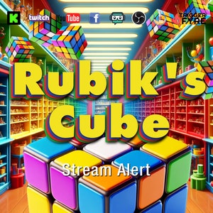 Pode incluir: Um cubo de Rubik colorido com o texto "Rubik's Cube Stream Alert" na frente. O cubo está em uma sala com prateleiras cheias de brinquedos coloridos.