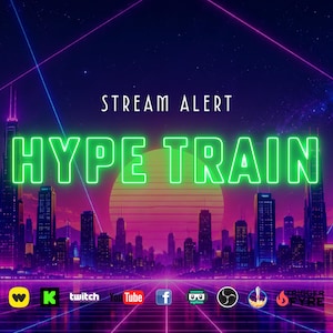 Peut inclure: Illustration numérique d'un paysage urbain au crépuscule avec un panneau "HYPE TRAIN" vert néon et les mots "STREAM ALERT" au-dessus. Des icônes de médias sociaux sont en bas, sur fond de ciel violet et rose, avec une esthétique rétro.