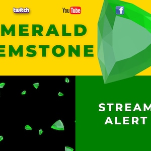 Op de afbeelding: Een groene smaragd edelsteen met een stream alert graphic. De tekst "EMERALD GEMSTONE" staat in grote, vetgedrukte letters. De tekst "STREAM ALERT" staat in witte letters op een groene achtergrond. De afbeelding bevat ook social media-iconen voor Twitch, YouTube en Facebook.