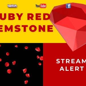 Peut inclure: Un graphique de pierre précieuse rouge rubis avec le texte "RUBY RED GEMSTONE" et "STREAM ALERT" sur un fond jaune et rouge. Le graphique est entouré de plus petites pierres précieuses rouges rubis.