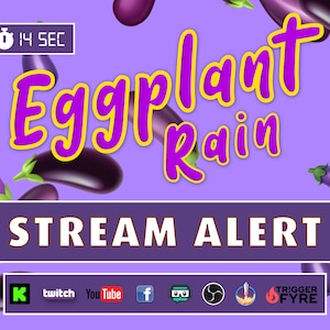 Eggplant Rain Alert - Full Screen Transparent Animated Falling Eggplants - Silly Stream Overlay for Cheers, Channel Point Redemptions & Fun