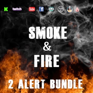 Può includere: Un'illustrazione digitale di fumo e fuoco con il testo "SMOKE & FIRE 2 ALERT BUNDLE" su uno sfondo nero.