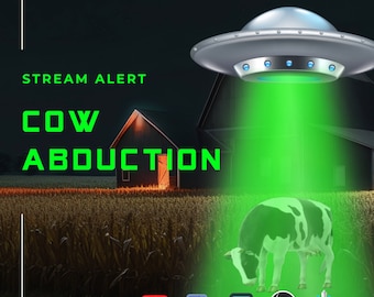 Może przedstawiać: Zielony statek kosmiczny z obcych z jasnozielonym promieniem światła skierowanym na czarno-białą krowę na polu kukurydzy. Tekst "STREAM ALERT COW ABDUCTION" znajduje się w lewym górnym rogu obrazu. Tekst "twitch", "Tube", "f" i inne ikony mediów społecznościowych znajdują się w lewym dolnym rogu obrazu.