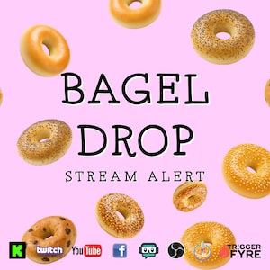 Könnte beinhalten: Ein rosa Hintergrund mit dem Text "BAGEL DROP STREAM ALERT". Verschiedene Bagels mit unterschiedlichen Belägen, darunter Sesam, Mohn und Schokoladenstückchen, sind um den Text herum verstreut.
