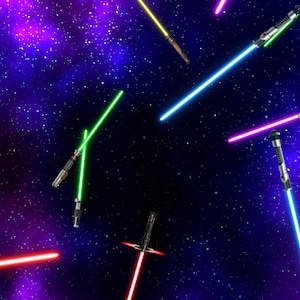 May include: Multiple colorful lightsabers are shown against a dark purple and blue starry background. The lightsabers are in various positions, some crossing each other.