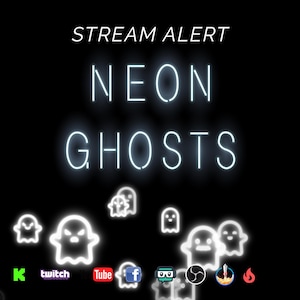 May include: A neon sign with the text "STREAM ALERT NEON GHOSTS" in white letters on a black background.  There are several white ghost icons scattered around the sign.