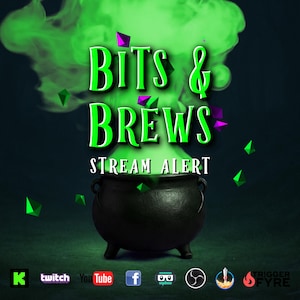 May include: A digital graphic with the text "BITS & BREWS STREAM ALERT" in green and white. A black cauldron sits below the text, with green smoke and purple geometric shapes rising from it. Social media icons are at the bottom.