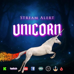 May include: A digital graphic featuring a white unicorn with a rainbow-colored tail, leaping across a dark, forested background. The words "Stream Alert" and "Unicorn" are displayed in a glowing purple font. Social media icons are at the bottom.