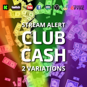Op de afbeelding: Een digitale animatie van vallende dollarbiljetten met een regenboogachtergrond en de tekst "STREAM ALERT CLUB CASH 2 VARIATIONS".
