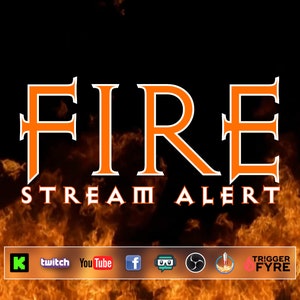 Könnte beinhalten: Digitalgrafik mit dem Wort „FIRE“ in Orange mit weißem Umriss, über „STREAM ALERT“. Der Hintergrund zeigt Flammen und Social-Media-Icons. Der Text „TRIGGER FYRE“ ist ebenfalls vorhanden.