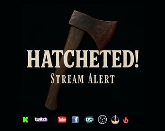 Może przedstawiać: Czarno-biała grafika z zardzewiałym toporem i tekstem "HATCHETED! STREAM ALERT".