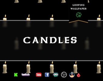 Op de afbeelding: Een looping wallpaper design met brandende kaarsen tegen een zwarte achtergrond. Het woord "CANDLES" wordt in grote witte letters weergegeven. De afbeelding bevat ook social media-iconen en de tekst "LOOPING WALLPAPER".