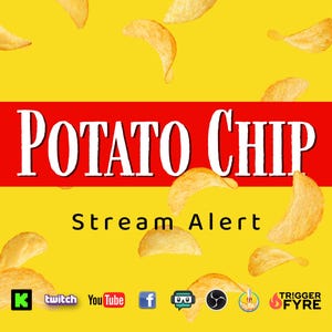 May include: A red banner with the text "POTATO CHIP Stream Alert" on a yellow background with potato chips falling from the top. The banner includes icons for Twitch, YouTube, Facebook, and other social media platforms.