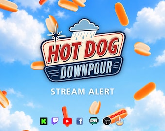 Avviso di pioggia di hot dog in streaming - Sovrapposizione animata a schermo intero - Sfondo trasparente - 1920x1080 - Download immediato - Pioggia di hot dog e panini