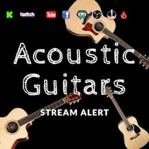 Puede incluir: Un fondo negro con el texto "Acoustic Guitars STREAM ALERT" en blanco. Hay cuatro guitarras acústicas en la imagen, dos son marrones, una es de madera natural y otra es de madera más oscura con una golpeadora roja. Hay iconos de redes sociales en la esquina superior izquierda de la imagen.