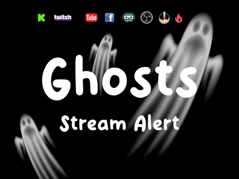 Może przedstawiać: Biały tekst nałożony na czarne tło głosi "Ghosts Stream Alert". Tekst jest otoczony czterema białymi obrazami duch&oacute;w.