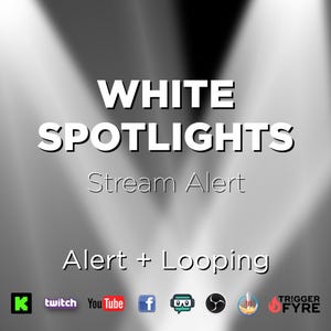 Puede incluir: Animación de alerta de transmisión de luz blanca con el texto "Alert + Looping" y logotipos de Twitch, YouTube, Facebook, Discord, Mixer y Triggerfyre.
