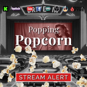Peut inclure: Un cinéma en plein air rétro avec une enseigne rouge qui dit "Popping Popcorn" et une image en noir et blanc d'un couple sur l'écran. L'enseigne dit aussi "STREAM ALERT".