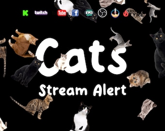 Może przedstawiać: Czarne tło z napisem "Cats" w białym kolorze i słowami "Stream Alert" poniżej. Wokół tekstu rozrzucone są różne koty w różnych kolorach i ras. W górnych rogach obrazu znajdują się logo platform społecznościowych, takich jak Twitch, YouTube, Facebook.