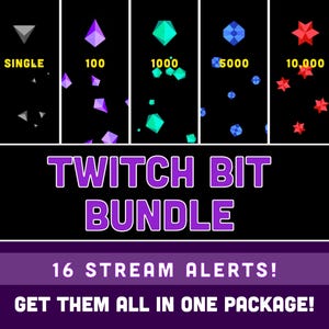 Może przedstawiać: Grafika na czarnym tle z geometrycznymi kształtami i tekstem. Tekst brzmi "TWITCH BIT BUNDLE" i "16 STREAM ALERTS! GET THEM ALL IN ONE PACKAGE!". Obraz przedstawia różne pakiety bitów, w tym pojedynczy, 100, 1000, 5000 i 10 000.