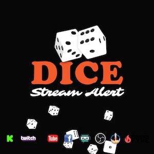 May include: A black background with a white dice graphic and the text "DICE Stream Alert" in orange. Below the text are icons for Twitch, YouTube, Facebook, and other social media platforms.