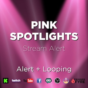 以下が含まれることがあります： ピンクのスポットライトのストリームアラートアニメーション。テキストは「Pink Spotlights Stream Alert」と「Alert + Looping」。このアニメーションはTwitch、YouTube、Facebook、その他のプラットフォームと互換性があります。