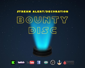 Puede incluir: Gráfico digital con las palabras "STREAM ALERT/DECORATION" y "BOUNTY DISC" en amarillo, fuente delineada. Un rayo de luz azul emana de un disco negro. Iconos de redes sociales en la parte inferior.