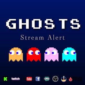 Könnte beinhalten: Digitales Kunstdesign auf dunkelblauem Hintergrund. Das Wort "GHOSTS" steht in weißer Pixel-Schrift über den Worten "Stream Alert". Darunter vier pixelige Geister in Orange, Rot, Rosa und Blau. Social-Media-Icons unten.