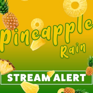 Peut inclure: Un fond dégradé vert et jaune avec le texte "pineapple rain" en lettres vertes et jaunes. Le texte "STREAM ALERT" est en lettres blanches sur un rectangle vert. L'arrière-plan est décoré de tranches d'ananas et d'ananas entiers.