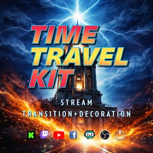 Puede incluir: Gráfico digital con las palabras "TIME TRAVEL KIT" en rojo y amarillo, sobre una ilustración de un edificio. La imagen incluye rayos, nubes y las palabras "STREAM TRANSITION + DECORATION". Iconos de redes sociales en la parte inferior.