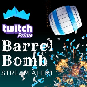 Pode incluir: Um logotipo roxo Twitch Prime com uma coroa acima. O texto "Barrel Bomb" é branco com contorno preto. O texto "STREAM ALERT" está abaixo em branco. Um barril branco com listras azuis está explodindo com confete azul e branco e chamas laranja.