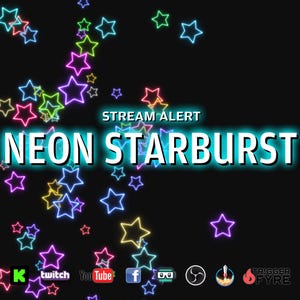 Peut inclure: Graphique d'alerte de diffusion en direct en forme d'étoile néon sur fond noir. Le graphique présente un flux d'étoiles néon colorées avec le texte "STREAM ALERT NEON STARBURST" en blanc.