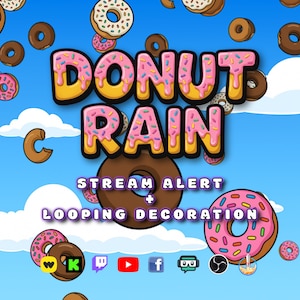 Könnte beinhalten: Ein Cartoon-Grafik mit den Worten "DONUT RAIN" in Rosa, Gelb und Schwarz, mit Streuseln. Das Bild enthält verschiedene Donuts und den Text "STREAM ALERT + LOOPING DECORATION" mit Social-Media-Symbolen auf blauem Hintergrund.
