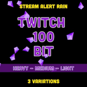 Könnte beinhalten: Ein schwarzer Grafik mit gelbem und violettem Text. Der Text lautet "STREAM ALERT RAIN", "TWITCH 100 BIT" und "HEAVY - MEDIUM - LIGHT". Die Grafik enthält auch violette geometrische Formen und den Text "3 VARIATIONS".