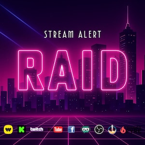 Puede incluir: Gráfico digital con un fondo de paisaje urbano retro en tonos morados y rosas. La palabra "RAID" está en letras rosas grandes y brillantes. El texto "STREAM ALERT" está encima de la palabra "RAID". Iconos de redes sociales en la parte inferior.