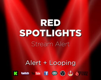 Pode incluir: Animação de holofotes vermelhos para Twitch, YouTube, Facebook e outras plataformas de streaming. A animação apresenta holofotes vermelhos e o texto "RED SPOTLIGHTS Stream Alert Alert + Looping".