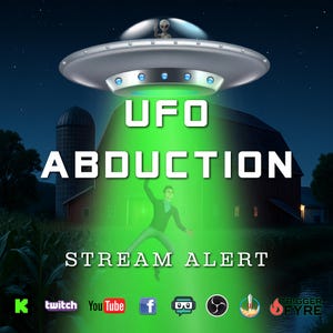 May include: A digital illustration shows a UFO above a rural scene at night. The text reads "UFO ABDUCTION" and "STREAM ALERT". A green beam of light shines down on a person, with various social media icons below.