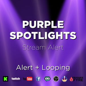 May include: Purple spotlights stream alert graphic with the text "Purple Spotlights Stream Alert" and "Alert + Looping". The graphic features icons for Twitch, YouTube, Facebook, and other social media platforms.