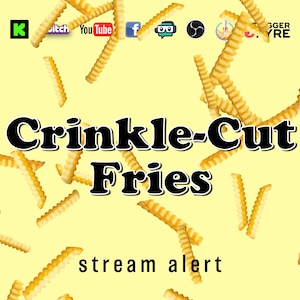 Puede incluir: Un fondo amarillo con el texto "Crinkle-Cut Fries" en letras negras en negrita. El texto "stream alert" está debajo del título. El fondo está lleno de imágenes de dibujos animados de patatas fritas onduladas.