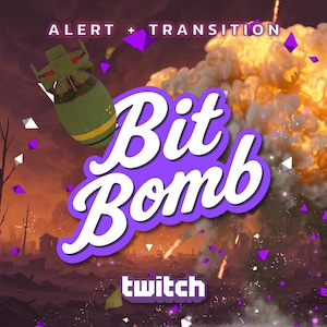Könnte beinhalten: Eine lila und weiße Grafik mit dem Text "Bit Bomb" und dem Twitch-Logo. Die Grafik ist vor dem Hintergrund einer Feuersbrunst mit einer grünen Bombe, die vom Himmel fällt, platziert.
