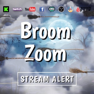 以下が含まれることがあります： 満月と雲のある青と紫の背景に、白い文字で「Broom Zoom」と書かれた、ライブ配信の通知のデジタルイラスト。画像の下部には白い長方形の中に「STREAM ALERT」という文字が書かれている。画像全体に黒いほうきが複数飛んでいる。