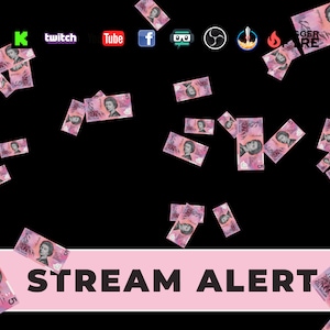 Op de afbeelding: Een roze en witte stream-alert-afbeelding met de tekst "STREAM ALERT" in zwart. De achtergrond is een zwart scherm met roze Australische vijf dollarbiljetten die van bovenaf op het scherm vallen.