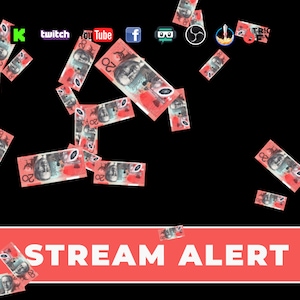 Op de afbeelding: Een rode banner met de tekst "STREAM ALERT" in wit. Australische twintig dollarbiljetten vallen van boven op de afbeelding.