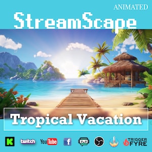 Puede incluir: Fondo digital animado que presenta una escena de isla tropical con un muelle de madera que conduce a una cabaña en la playa. El cielo es azul con nubes blancas y el sol brilla. El texto "StreamScape Tropical Vacation" está en la parte inferior de la imagen.