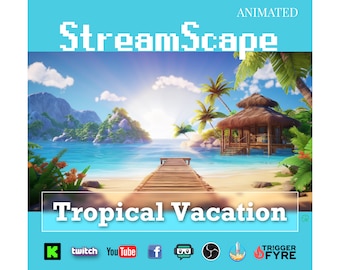 May include: Animated digital background featuring a tropical island scene with a wooden dock leading to a hut on the beach. The sky is blue with white clouds and the sun is shining. The text "StreamScape Tropical Vacation" is at the bottom of the image.