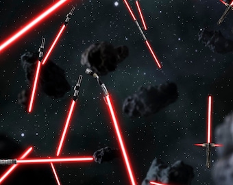 May include: Multiple red lightsabers are crossed in a dark space with asteroids. The lightsabers are glowing red and are in a chaotic pattern.