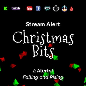 Puede incluir: Gráfico de alerta de transmisión con el texto "Christmas Bits" en blanco sobre un fondo negro. El gráfico presenta formas geométricas rojas y verdes que caen y suben. El texto "2 Alertas! Caída y Ascenso" también está incluido.