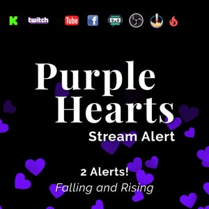 以下が含まれることがあります： Twitch、YouTube、その他のストリーミングプラットフォーム向けの、紫色のハートが落下と上昇するアニメーション。アニメーションには、落下するハートと上昇するハートの2つのアラートが含まれています。画像の上部には「Purple Hearts Stream Alert」というテキストが表示され、下部には「2 Alerts! Falling and Rising」というテキストが表示されています。