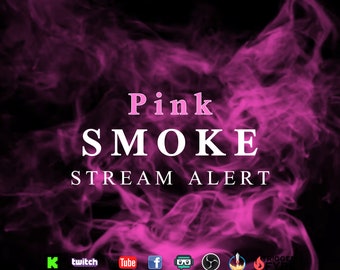 Könnte beinhalten: Rosa Rauchgrafik mit dem Text "Pink Smoke Stream Alert" und Icons für Twitch, YouTube, Facebook, Discord, Mixer und Triggerfyre.