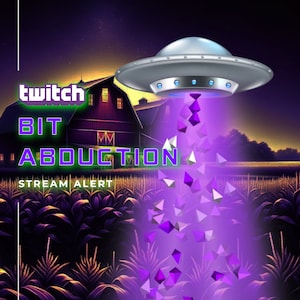 Könnte beinhalten: Ein lila und weißes UFO schwebt über einem Maisfeld, mit einem Strom aus lila Kristallen, die aus dem UFO fallen. Der Text "twitch BIT ABDUCTION STREAM ALERT" wird auf dem Bild angezeigt.